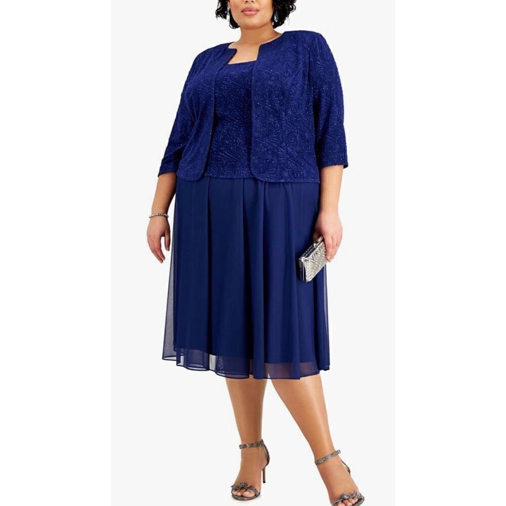 Alex Evenings Women's Plus Size Tea Length Open Front Jacket Dress
